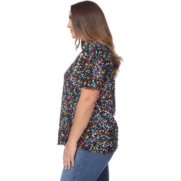 Plus Size Sequin One Shoulder Short Sleeve Party Top Relaxed Fit - Picture 3 of 6